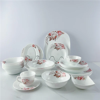 Conjunto de louça com decalque de vidro opala com decalque floral
