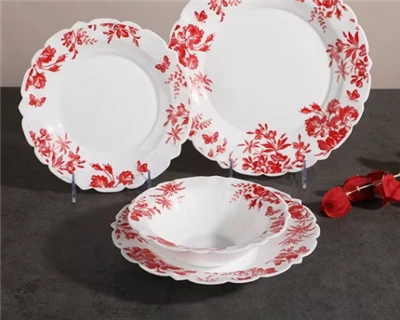 Conjunto de jantar em vidro opala com flor vermelha
